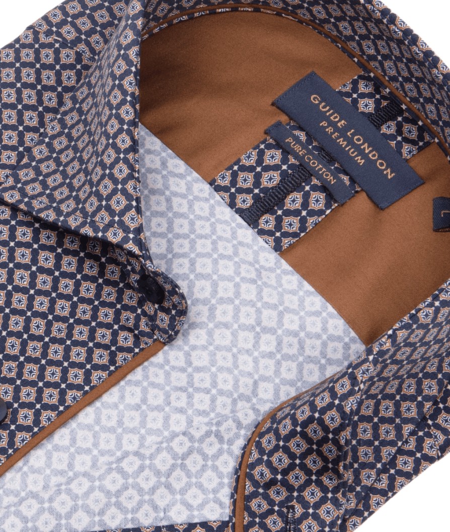 Men Guide London Shirts | Geometric Pattern Long Sleeve Cotton Shirt - Navy