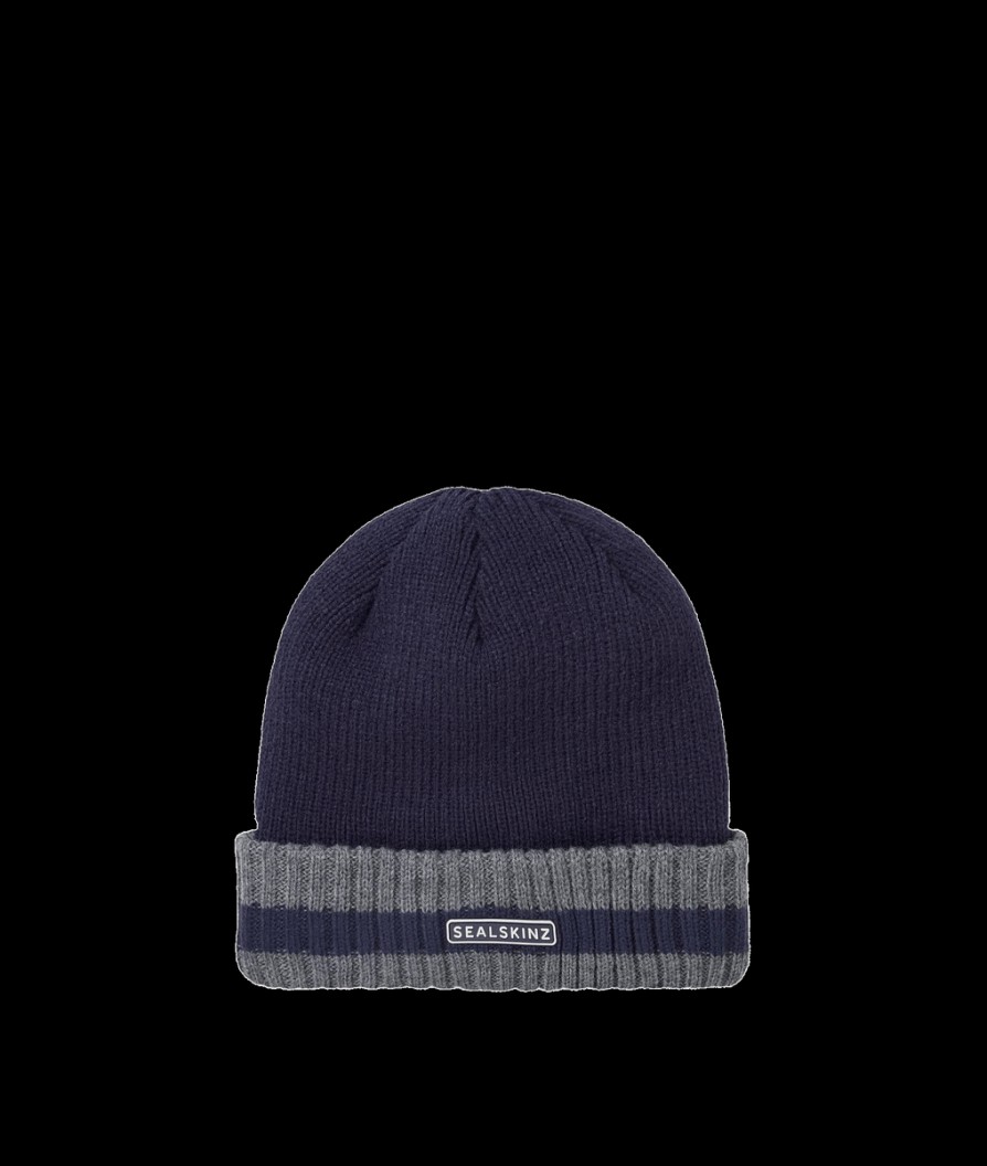 Men Sealskinz Hats | Waterproof Cold Weather Striped Roll Cuff Beanie - Navy