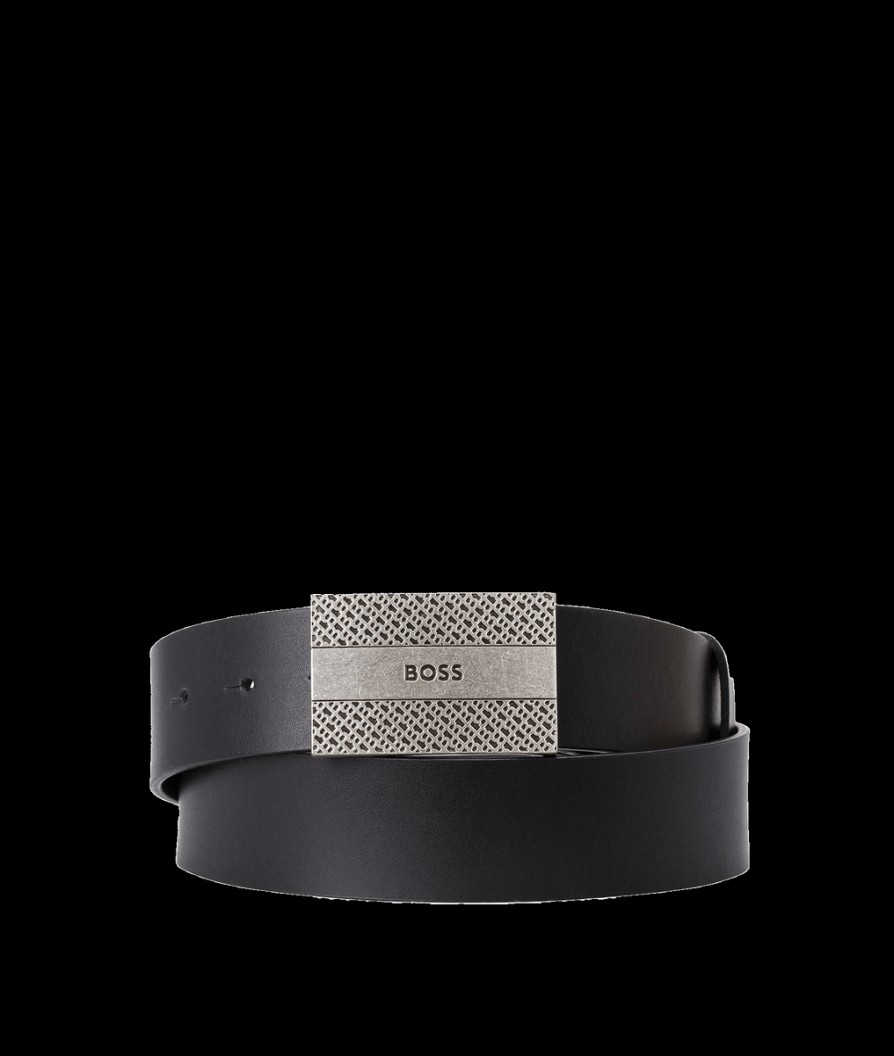 Men Boss Bodywear Belts | Leather Belt With Monogram And Logo Plaque Buckle - Black