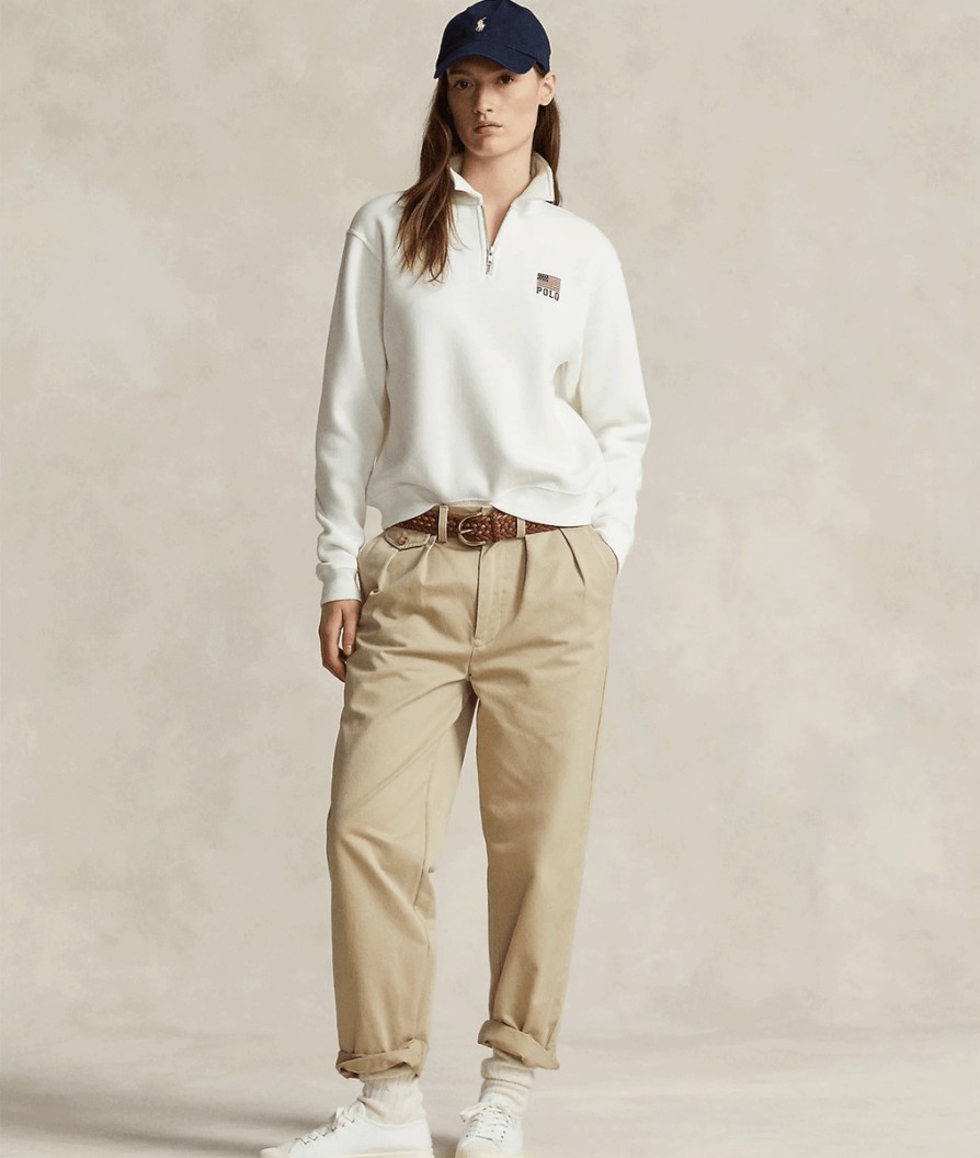 Women Polo Ralph Lauren Polo Ralph Lauren | Flag & Logo Fleece Quarter-Zip Pullover - White