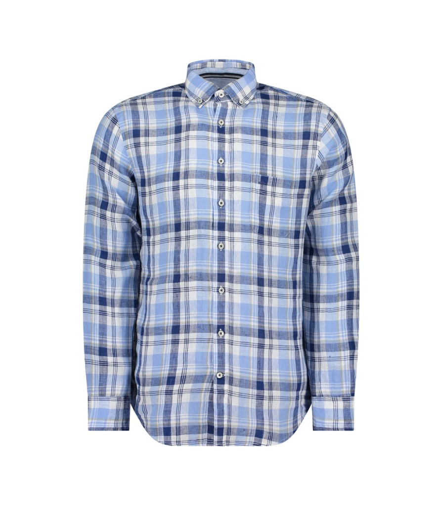 Men Fynch Hatton Shirts | Linen Check Shirt - Blue