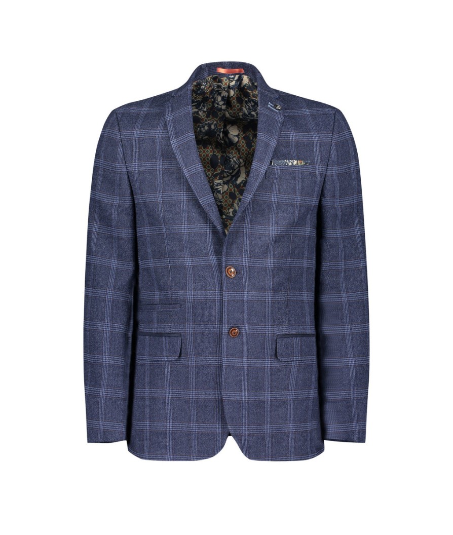 Men Antique Rogue Suits | Slim Fit Tweed Overcheck Suit Jacket - Navy