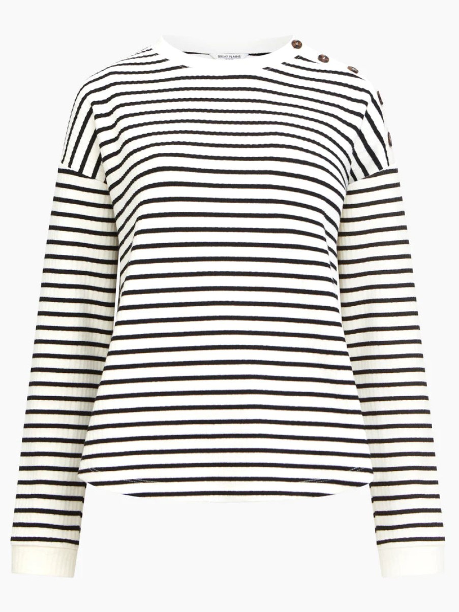 Women Great Plains Tops | Stripe Rib Button Detail Top - White