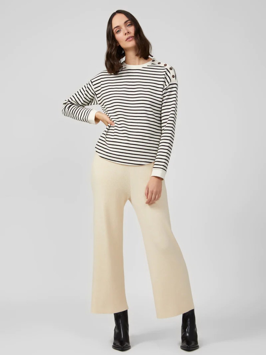 Women Great Plains Tops | Stripe Rib Button Detail Top - White