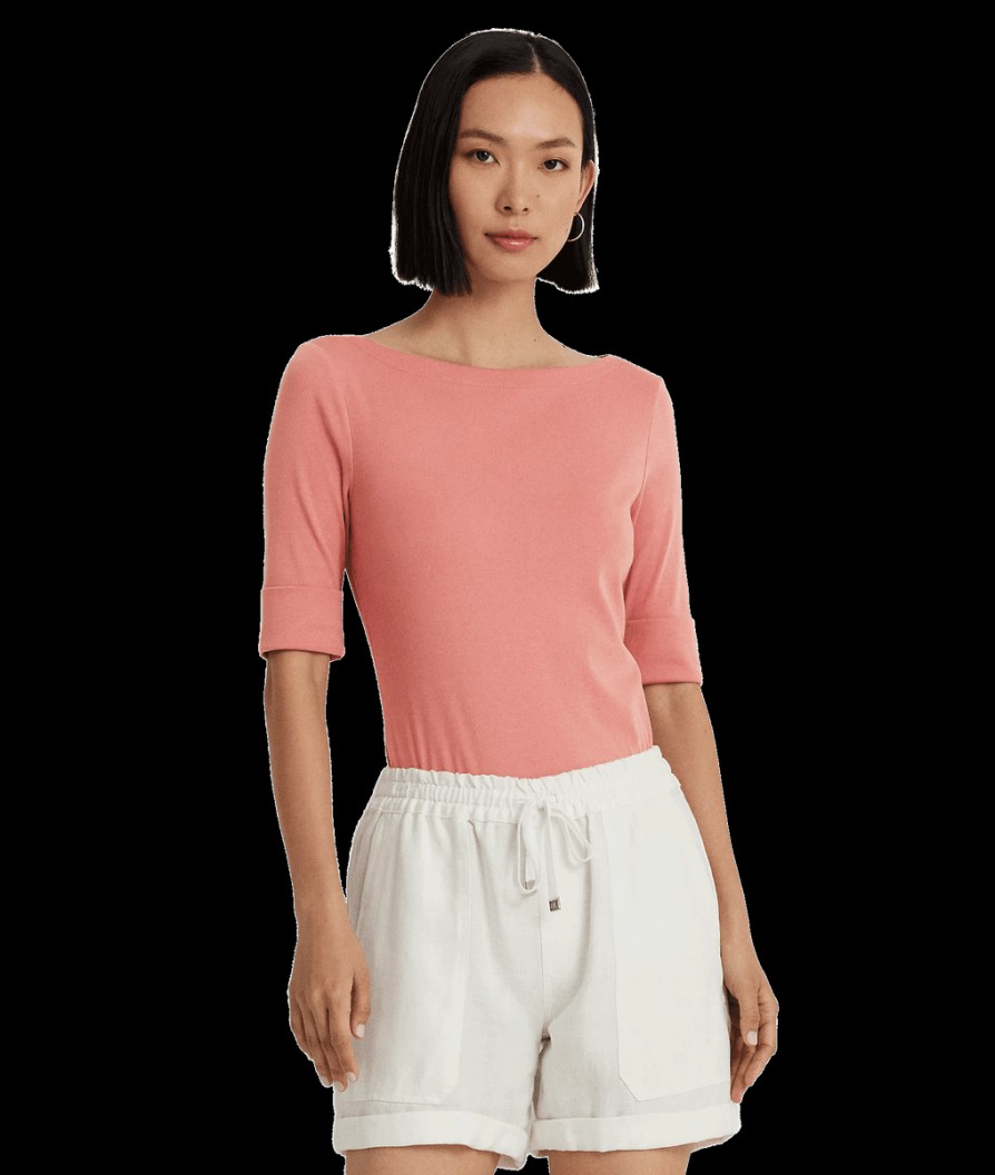 Women Lauren By RL Tops | Stretch Cotton Boatneck Tee - Pink