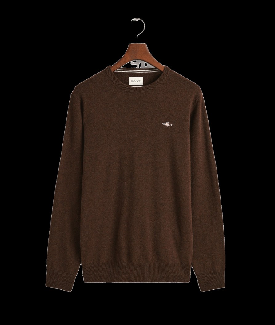 Men Gant Knitwear | Superfine Lambswool Crew Neck Sweater - Dark Brown Melange