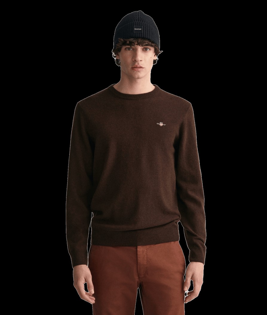 Men Gant Knitwear | Superfine Lambswool Crew Neck Sweater - Dark Brown Melange