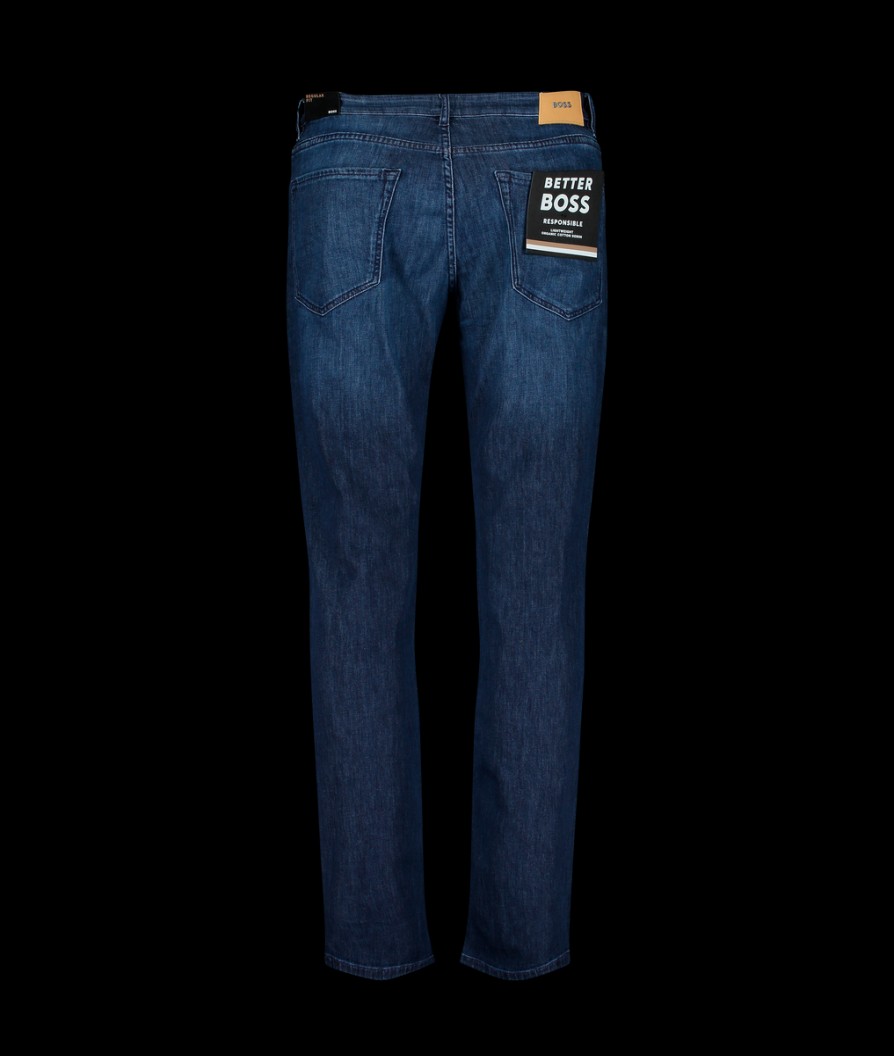 Men Boss Black Jeans | Logo-Patch Tapered-Leg Jeans - Navy