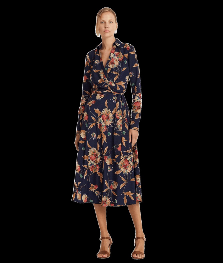 Women Lauren By RL Dresses | Floral Surplice Crepe Midi Dress - Multi