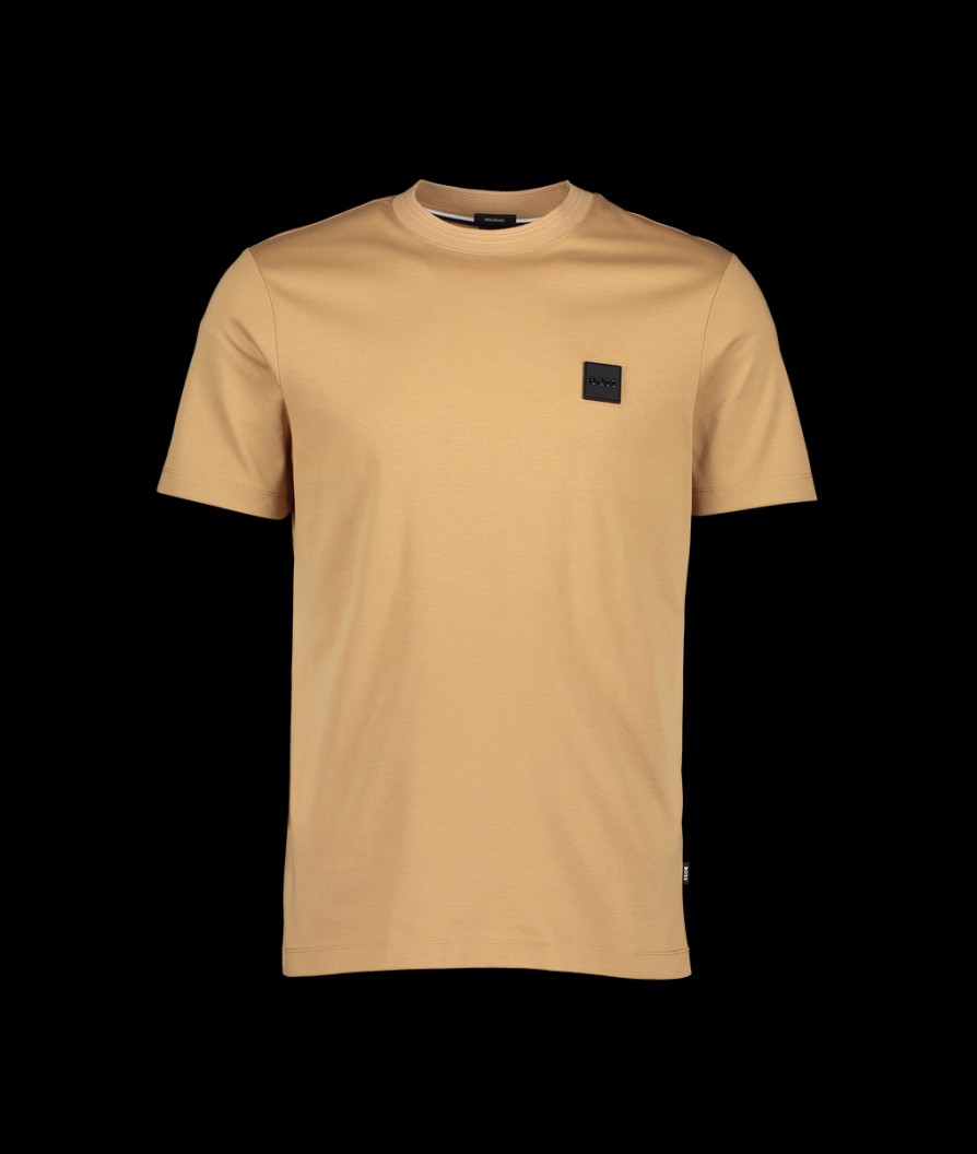 Men Boss Black T-Shirts & Vests | Cotton Regular Fit T-Shirt With Logo Badge - Beige