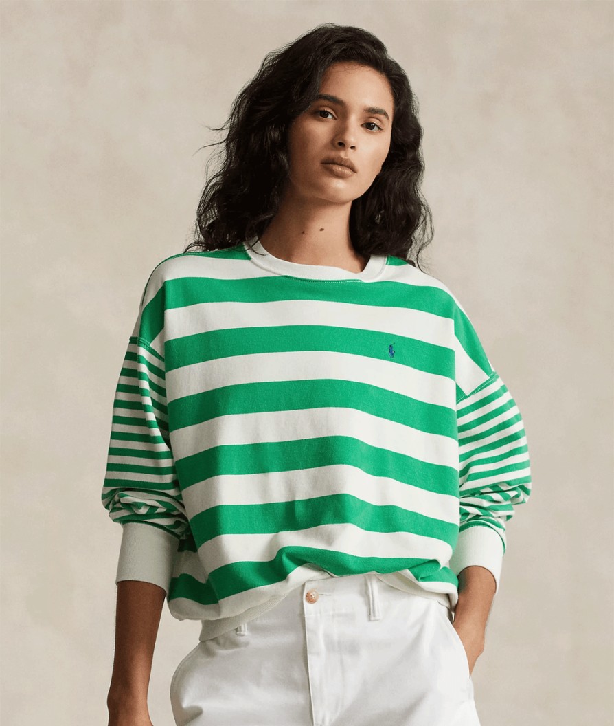 Women Polo Ralph Lauren Polo Ralph Lauren | Striped Organic Cotton Terry Sweatshirt - Preppy Green/Deckwash White