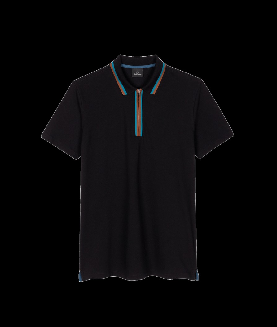 Men Ps By Paul Smith Polo Shirts | Zip-Neck Stretch-Cotton Polo Shirt - Black