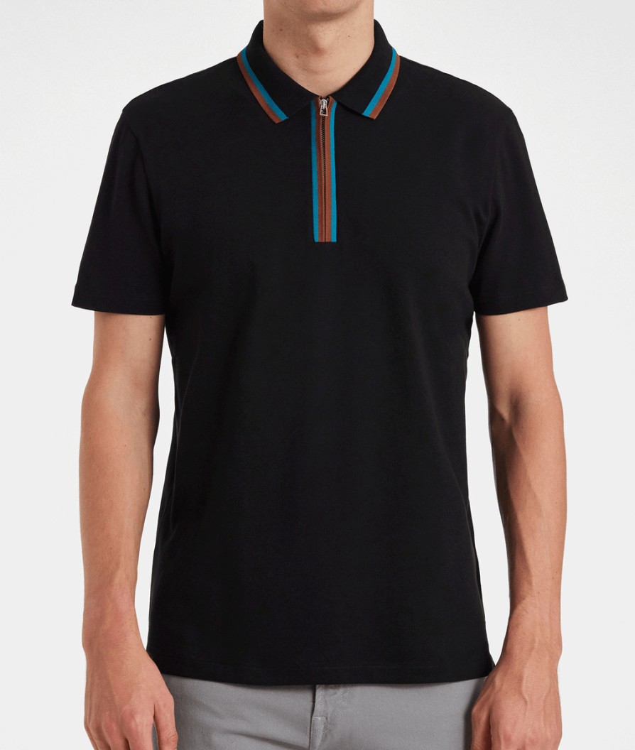 Men Ps By Paul Smith Polo Shirts | Zip-Neck Stretch-Cotton Polo Shirt - Black