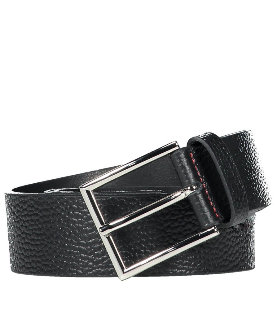 Men Hugo Belts | Giaspo Grained-Leather Belt With Logo-Stamped Keeper - Black