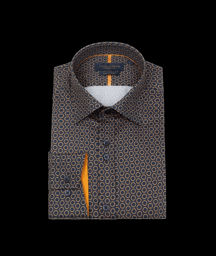 Men Guide London Shirts | Long Sleeve Geometric Pattern Cotton Shirt - Navy