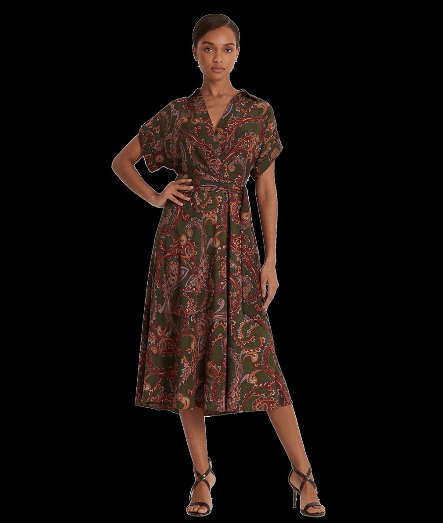 Women Lauren by Ralph Lauren Lauren By Ralph Lauren | Paisley Belted Crepe Dress - Olive Multi