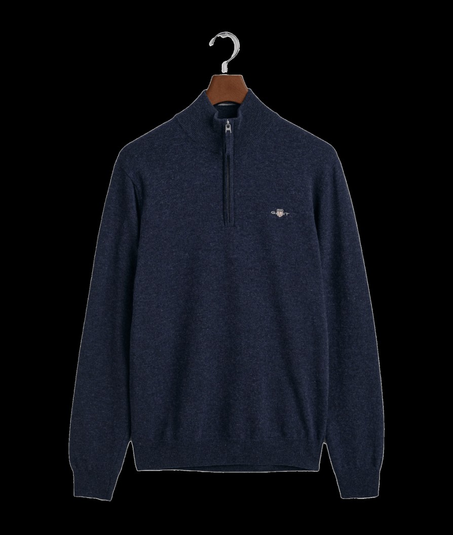 Men Gant Knitwear | Superfine Lambswool Half-Zip Sweater - Dark Navy Melange