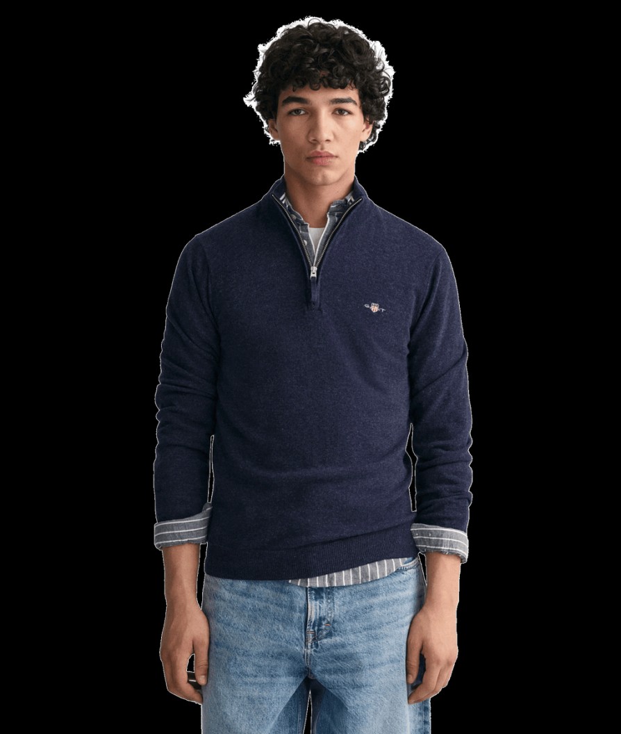 Men Gant Knitwear | Superfine Lambswool Half-Zip Sweater - Dark Navy Melange