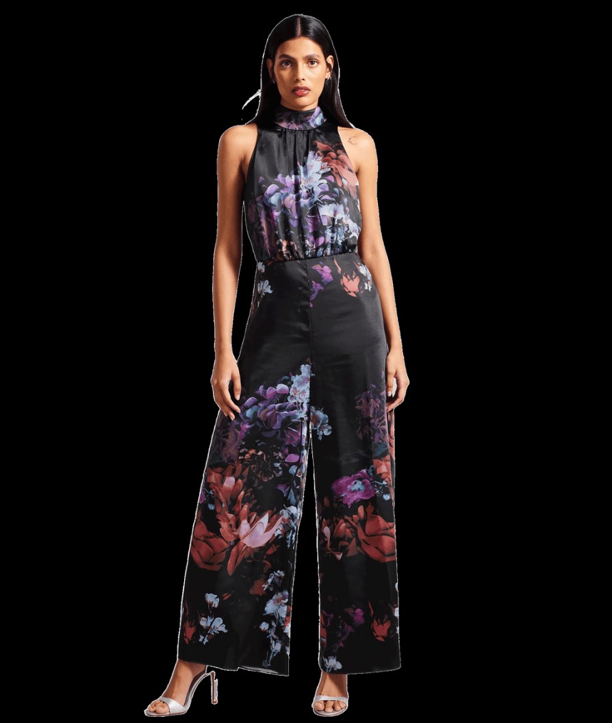 Women Ted Baker Jumpsuits & Playsuits | Marleeh Floral Satin Jumpsuit With Wide Leg - Black