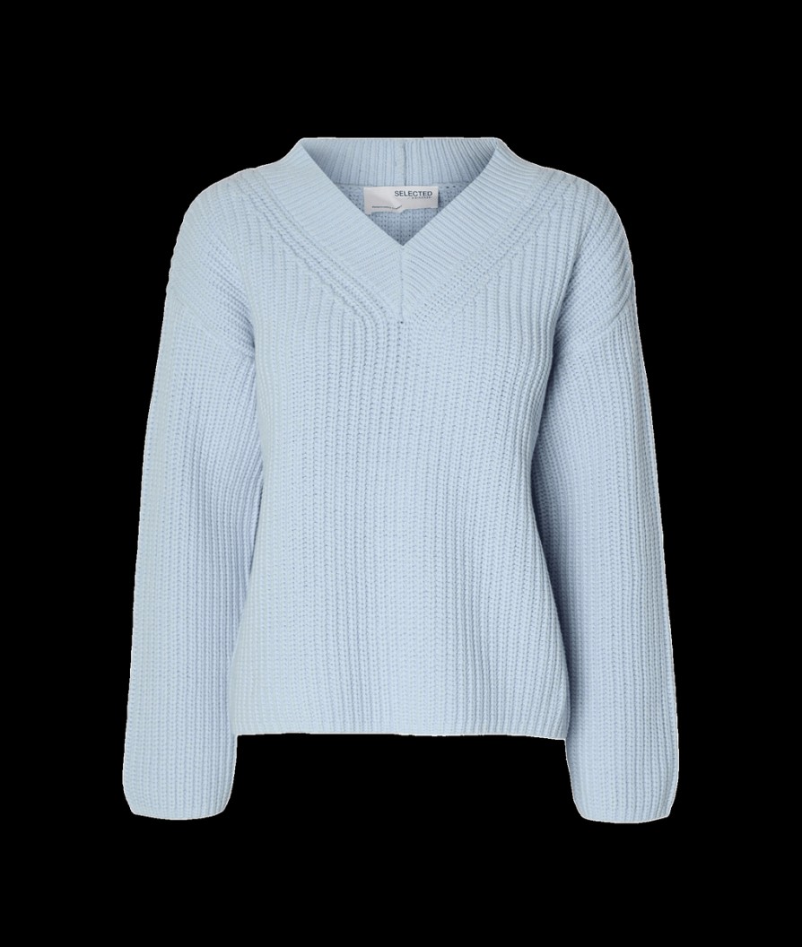 Women Selected Femme Knitwear | V-Neck Knitted Jumper - Blue