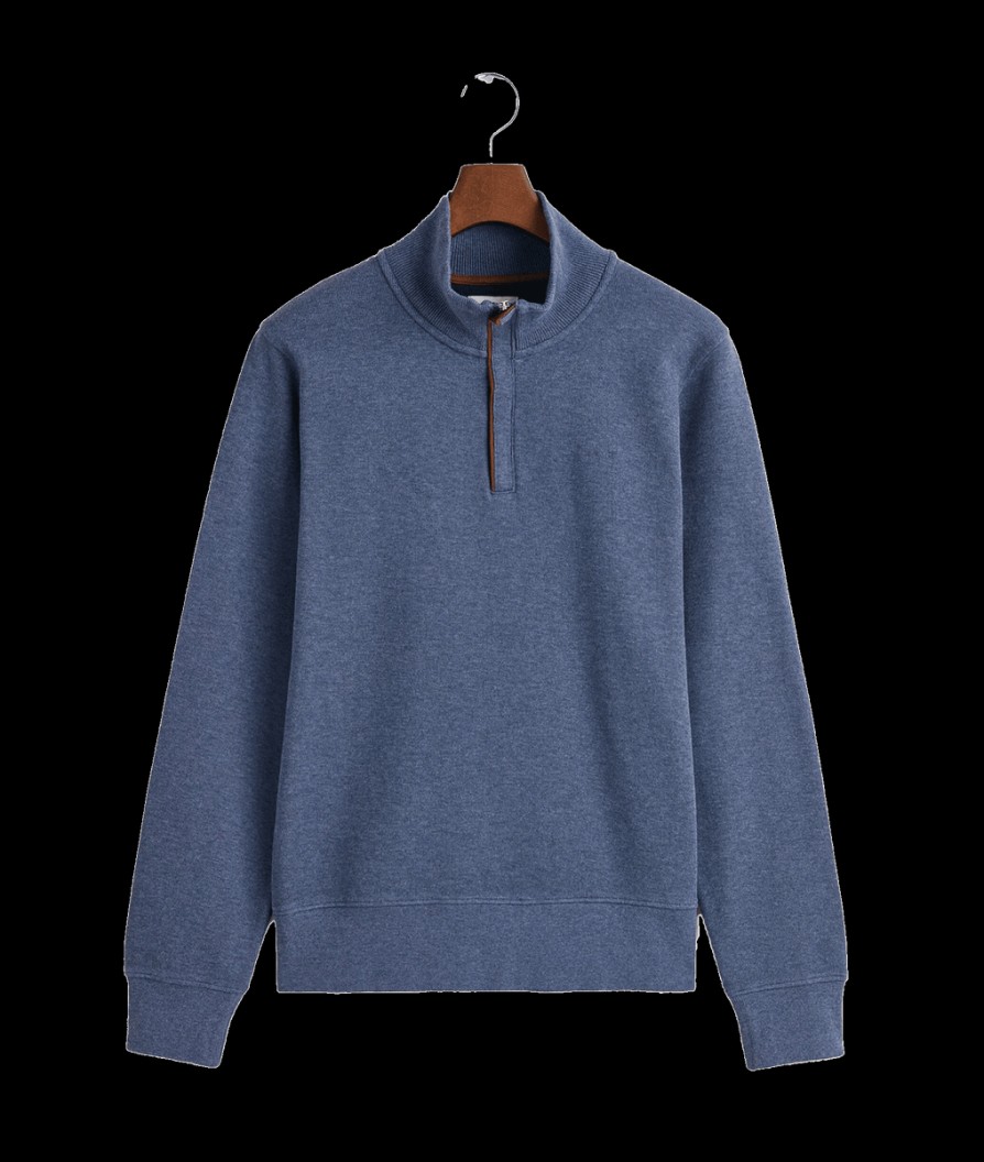 Men Gant Knitwear | Sacker Rib Half-Zip Sweatshirt - Dark Jeansblue Melange