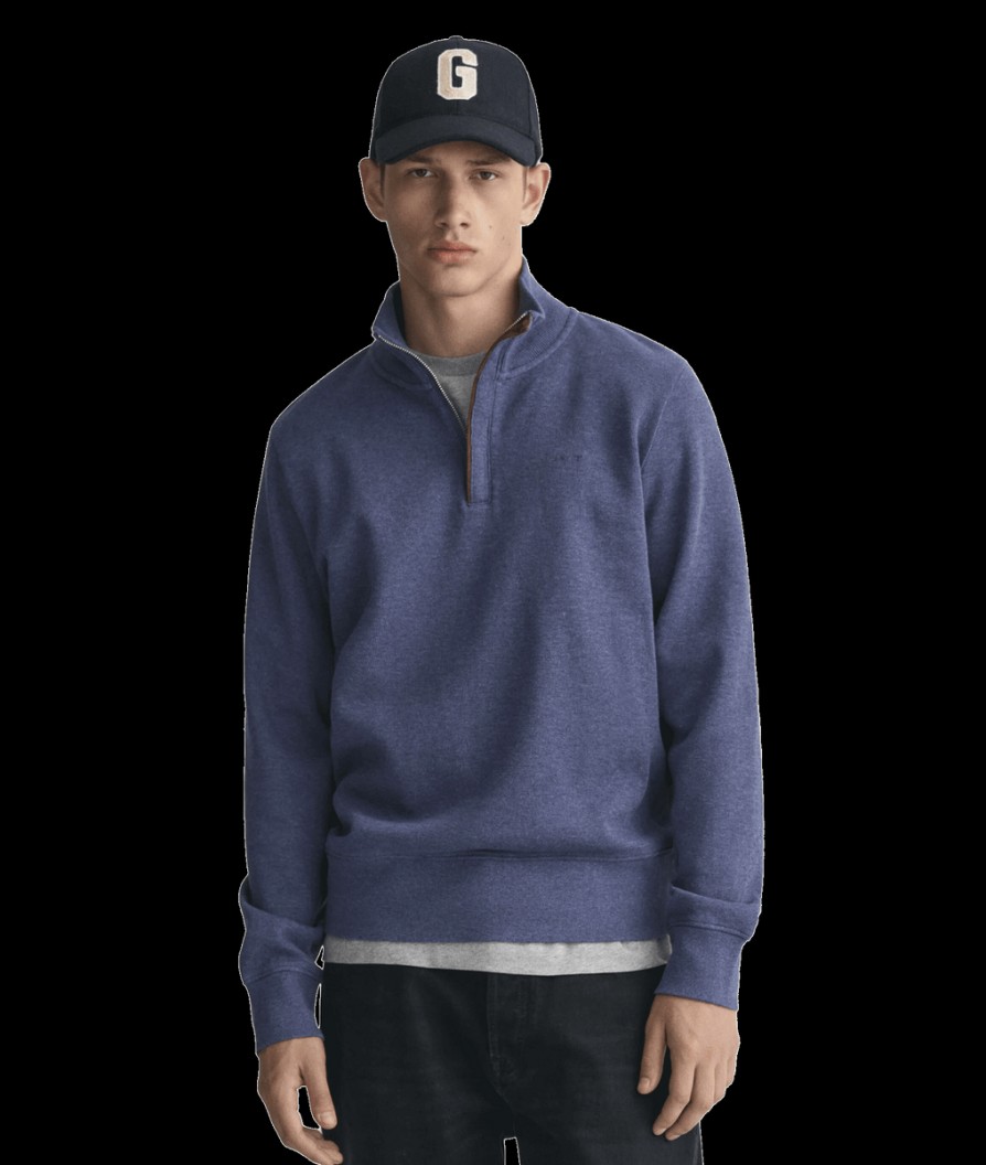 Men Gant Knitwear | Sacker Rib Half-Zip Sweatshirt - Dark Jeansblue Melange