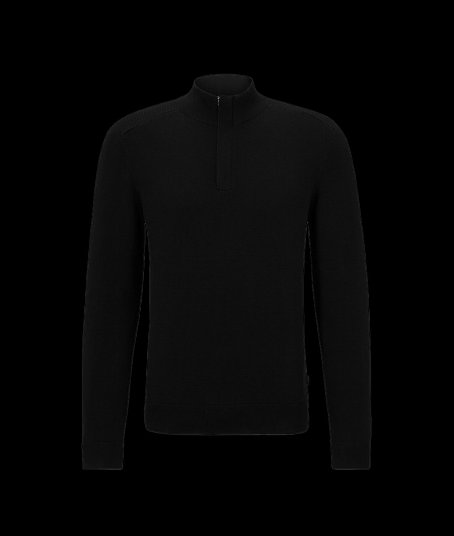 Men Boss Black Knitwear | Maretto Zip Neck Troyer Sweater - Black