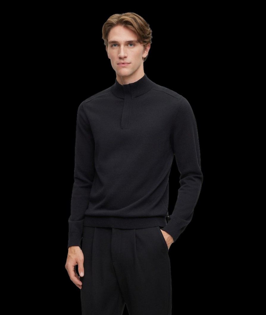 Men Boss Black Knitwear | Maretto Zip Neck Troyer Sweater - Black