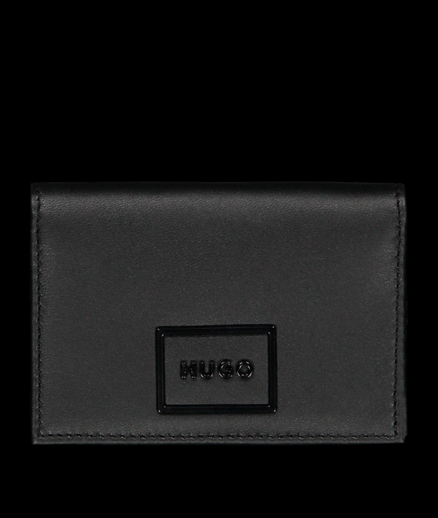 Men Hugo Hugo | Patch Logo Leather Flap Card Holder - Black