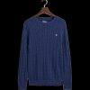 Men Gant Knitwear | Cotton Cable Knit Crew Neck Sweater - Marine Melange