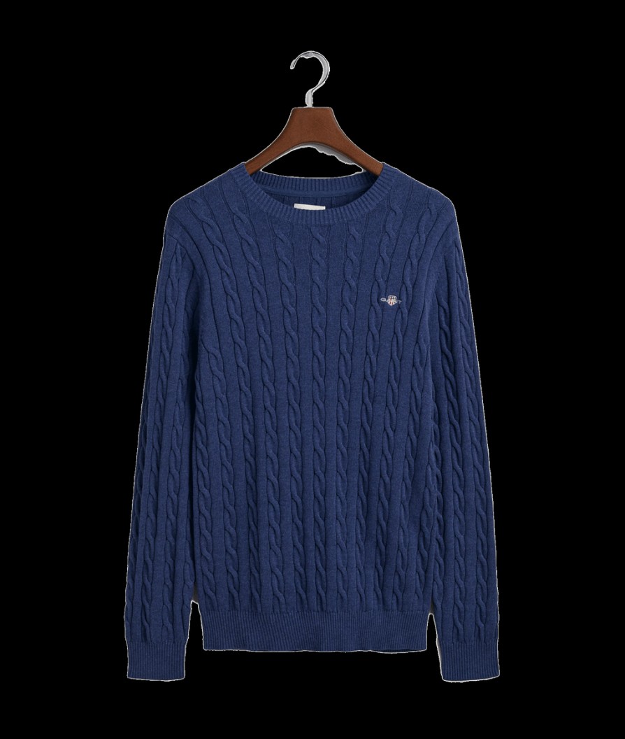 Men Gant Knitwear | Cotton Cable Knit Crew Neck Sweater - Marine Melange