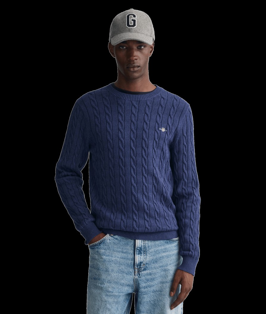 Men Gant Knitwear | Cotton Cable Knit Crew Neck Sweater - Marine Melange