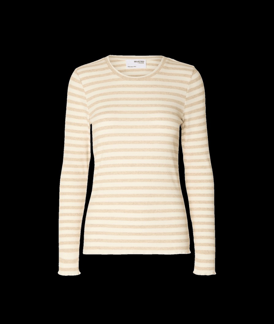 Women Selected Femme Selected Femme | Striped Long-Sleeved T-Shirt - Cream